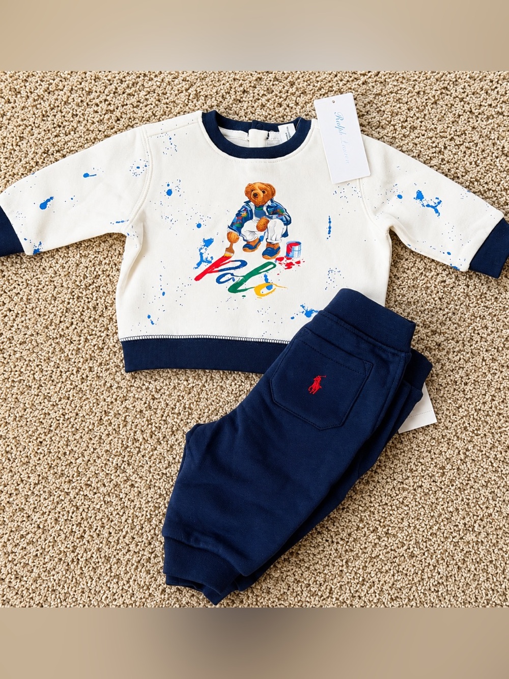 NWT Polo by Ralph Lauren White Paint-Bear Sweater with Navy Joggers Sz 3M